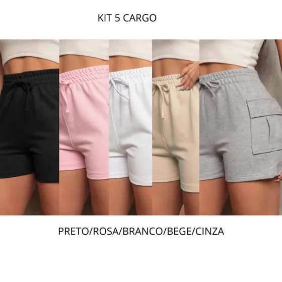 kit 5 Short Cargo Feminino bolso lateral moletinho verão tendência