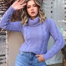 Blusa De Tricot Feminina Manga Longa Com Tranças Gola Boba Gola Alta Elegante Lançamento Inverno