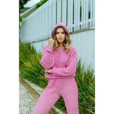 Conjunto de Frio Feminino Calça e Blusa com Capuz Ponto Fang tricot  Lançamento Inverno Trico