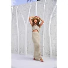 Conjunto Feminino com Cropped Alongado Alça  Baby Cacho  Manual Saia Longa Elegante Trico Com  Lurex