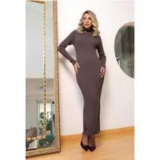 Vestido Midi Canelado Tricô Modal Manga Longa Tricot Faixa Transpassada com Fenda