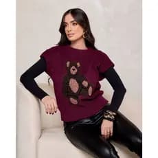 Colete de malha feminino ursinho pelúcia tendência inverno sem mangas suéter tamanho único.