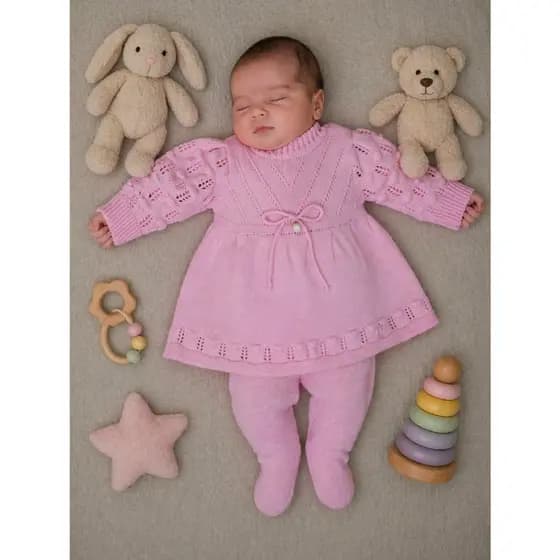 Conjunto vestido princesa manga com bolinhas e laço com pingente e calça Recém nascido RN.
