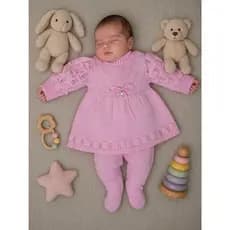 Conjunto vestido princesa manga com bolinhas e laço com pingente e calça Recém nascido RN.
