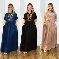 Vestido Longo Plus Size de Algodão com Mangas Amplas e Confortáveis - Elástico na Cintura e Bolsos