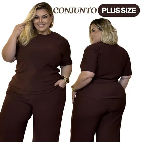 Conjunto Luxo Feminino Plus Size Tecido Anarruga Canelado Premium Blusa e Calça Pantalona do P ao G3