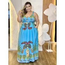 Vestido Longo Plus Size Estampa Tropical com Lastex nas Costas Vestido Verão Plus Size