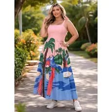 Vestido Longo Plus Size Estampa Tropical Verão Plus Size com Alças Reguláveis e Lastex nas Costas