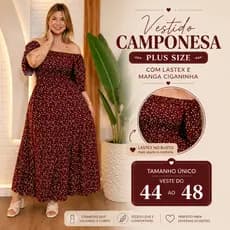 Vestido Camponesa Plus Size com Lastex e Manga Cigana - Estampa Liberty - Tamanho único veste 44 ao 48