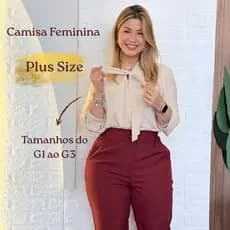 Camisa Social Feminina Plus Size Manga Longa e Laço no Pescoço