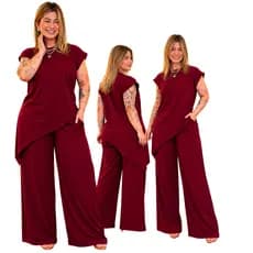Conjunto Plus Size Anarruga Feminino Blusa Assimétrica e Calça Wide Leg Cós Elástico M G GG G1 G2 G3