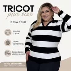Tricot Feminino Plus Size Gola Polo Manga Longa Tamanho Único Veste do44 ao 52 Blusa Tricô Plus Size
