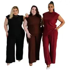 Conjunto Feminino Assimétrico Plus Size do G1 ao G3 Blusa Assimétrica e Calça Wide Leg com Elástico