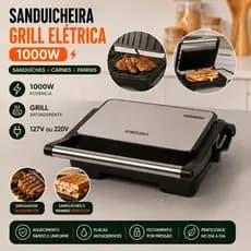 Sanduicheira Grill Elétrica Inox 1000W | Antiaderente, 127V ou 220V
