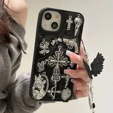 Feito À Mão Vintage 3D Gótico Retro Cruz Amor Coração Chama Cobra Cristal Caso De Telefone Para iPhone 16 ProMax 15 Plus