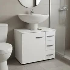 Armário Gabinete Banheiro 3 Gaveta Rodinha 60cm Branco Encaixe Pia Lavabo Porta Toalhas MDF Compacto