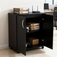 Gabinete Organizador 2 Portas Rodinhas Preto 60cm Compacto Escritório Sala Quarto Lavanderia Arquivo