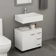 Armário Gabinete Banheiro 3 Gavetas Rodinhas 60cm Branco Sob Pia Lavabo Porta Toalhas MDF Compacto