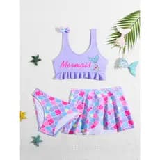 NB VEST - CONJUNTO FEMININO DE PRAIA INFANTIL DE TRÊS PEÇAS COM SAIA ESTAMPA DE SEREIA - I3045