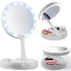 Espelho De Maquiagem Com Luz Dobrável Portátil Articulado 10x Aumento