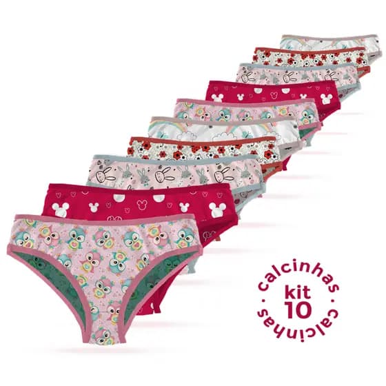 Kit 10, 5 Calcinhas Infantil Estampada Para Meninas De 2 a 9 anos Com Forro 100% Algodão Confortável