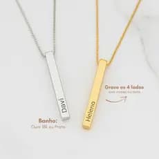 Colar Barrinha Vertical Gravação a Laser Durável Banhado a Ouro ou Prata Presente Especial Personalizado Casal Mae Filho