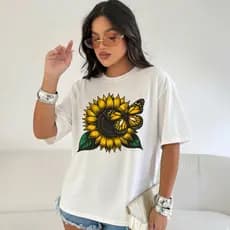 T-Shirt Feminina Algodão Premium GIRASSOL Estampada Flor Estilosa Básica Tendência