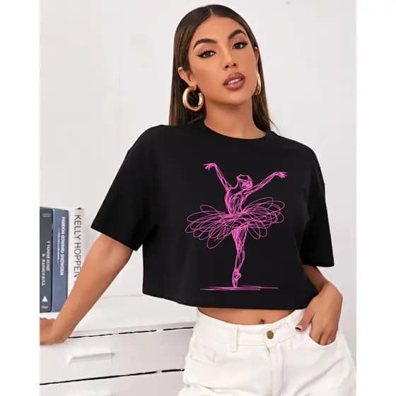 Cropped Feminino Ballet Bailarina Estampa Minimalista Riscos Estiloso 100% Algodão Malha Premium Moda Blogueira Streetwe