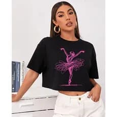Cropped Feminino Ballet Bailarina Estampa Minimalista Riscos Estiloso 100% Algodão Malha Premium Moda Blogueira Streetwe
