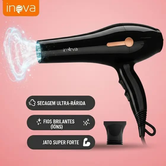 Inova Secador de Cabelo Profissional Jato Forte 1600W- Secagem Ultra Rápida Íons Bivolt