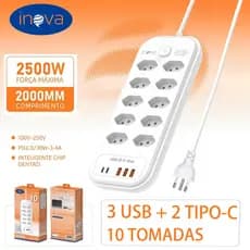 INOVA Régua Filtro de Linha com 10 e 6 Tomadas 2500W Extensão Elétrica 3 Universal 3 U 2 Type c 10A 110V/220V 2M Bivolt