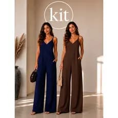 Kit 2 Macacão Longo Pantalona Duna Linho Feminino Comprido Com ziper  Alça trabalho casual decote