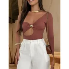 Body Manga longa decotado Mula Manca Jóia Dourada Moda Gringa Blogueira Suplex Premium com bijuteria
