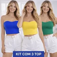 Kit Top Cropped Cores Brasil Copa Amarelo Azul Verde Suplex com bojo Verão Moda Gringa