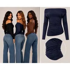 Blusa Ombro a Ombro manga longa assimetrica Suplex Premium Feminina Moda gringa