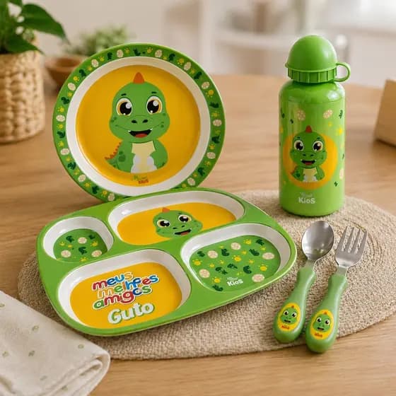 Kit Alimentação Infantil Dinossauro Prato Divisórias Talher Garrafa Introdução Alimentar Bebê