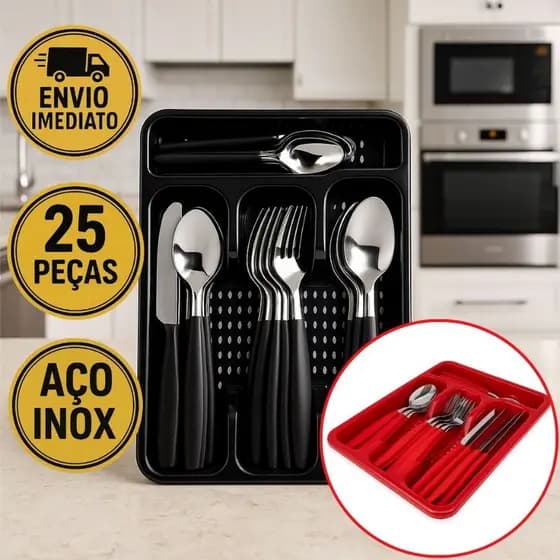 Jogo De Talheres 25 Peças Inox Faqueiro Com Porta Talheres Garfos Colheres E Facas