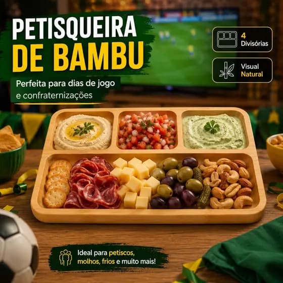 Petisqueira Bambu Tabua Frios Divisórias Bandeja Retangular  Servir Queijos Molhos Porções