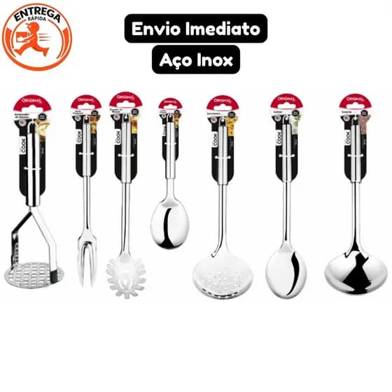 Kit Utensílios De Cozinha Inox Colher de Arroz Escumadeira Concha Colher Servir
