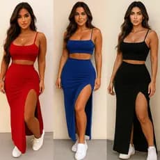 Conjunto de Saia Longa Mid Suplex com Fenda Lateral e Cropped Top Básico e Elegante Moda Feminina