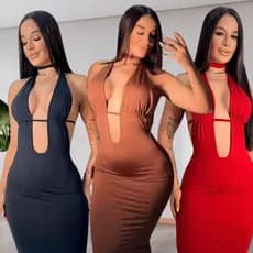 Kit 3 Vestido Longo Sensual Decote Amarração no Pescoço e Costas com Recortes Elegante Estilo Festa