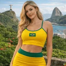Conjunto Brasil Feminino Cropped de Alcinha + Saia Curta Modeladora Outfit Copa Mundo Festa Torcida