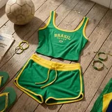 Conjunto ou Top do Brasil Feminino Cropped e Short Fitness Casual ou Peça Avulsa Tendência Copa