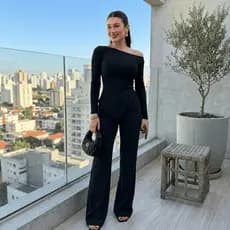 Conjunto Feminino Canelado Blusa Assimétrica Calça Inverno Frio Elegante Macio Confortável Luxo Fino