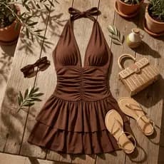 Vestido Curto Feminino Decote V na Frente Saia Franzida Costas Abertas Babado Festa Elegante
