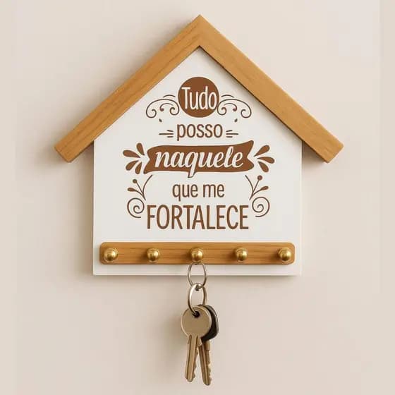 Porta Chave MDF 5 Ganchos Casa Moderna com Frase Tudo posso naquela que me fortalece Decoração