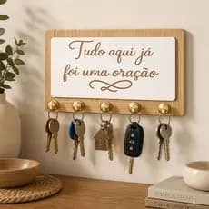 Porta Chave decoração MDF com 5 Ganchos com Frase Cristã Tudo aqui
