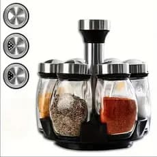 Porta Tempero Giratório Especiarias  6 Potes Para Mesa Cozinha Pote de vidro  Aço Inox