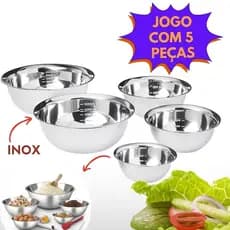 Jogo 5  Peças Tigelas Bacia Saladeira  Bowls Multiuso Em Inox  Resistente Cozinha