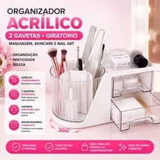 Organizador Acrílico 2 Gavetas Make Cosméticos Batons Porta Pincel Maquiagem Giratório 360  p/Organização Mesa Completa
